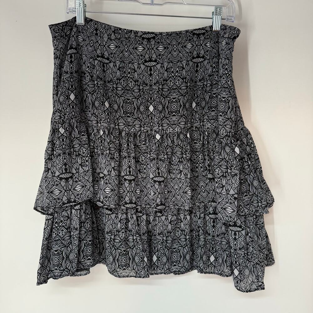 City Chic Rumba Mini Skirt Womens XS 14 Black White Geometric Ruffle Tiered Hem
